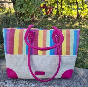 CarpisaTote Bag Multicolor, Woven Straw Bottom & Hot Pink Faux leather handle